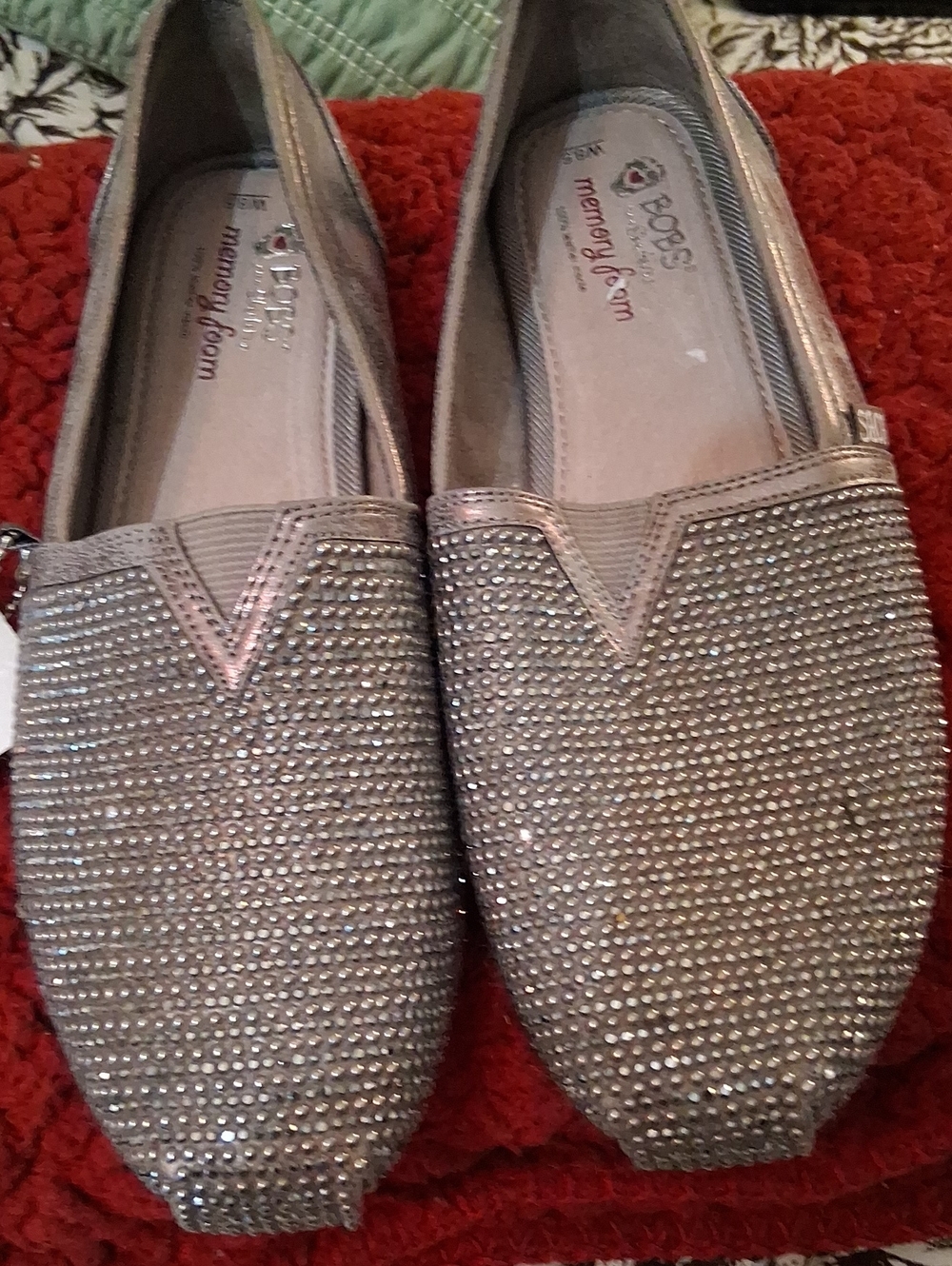 Skechers BOBS Women's Gray Silver Slip-On Rhinestone Flats